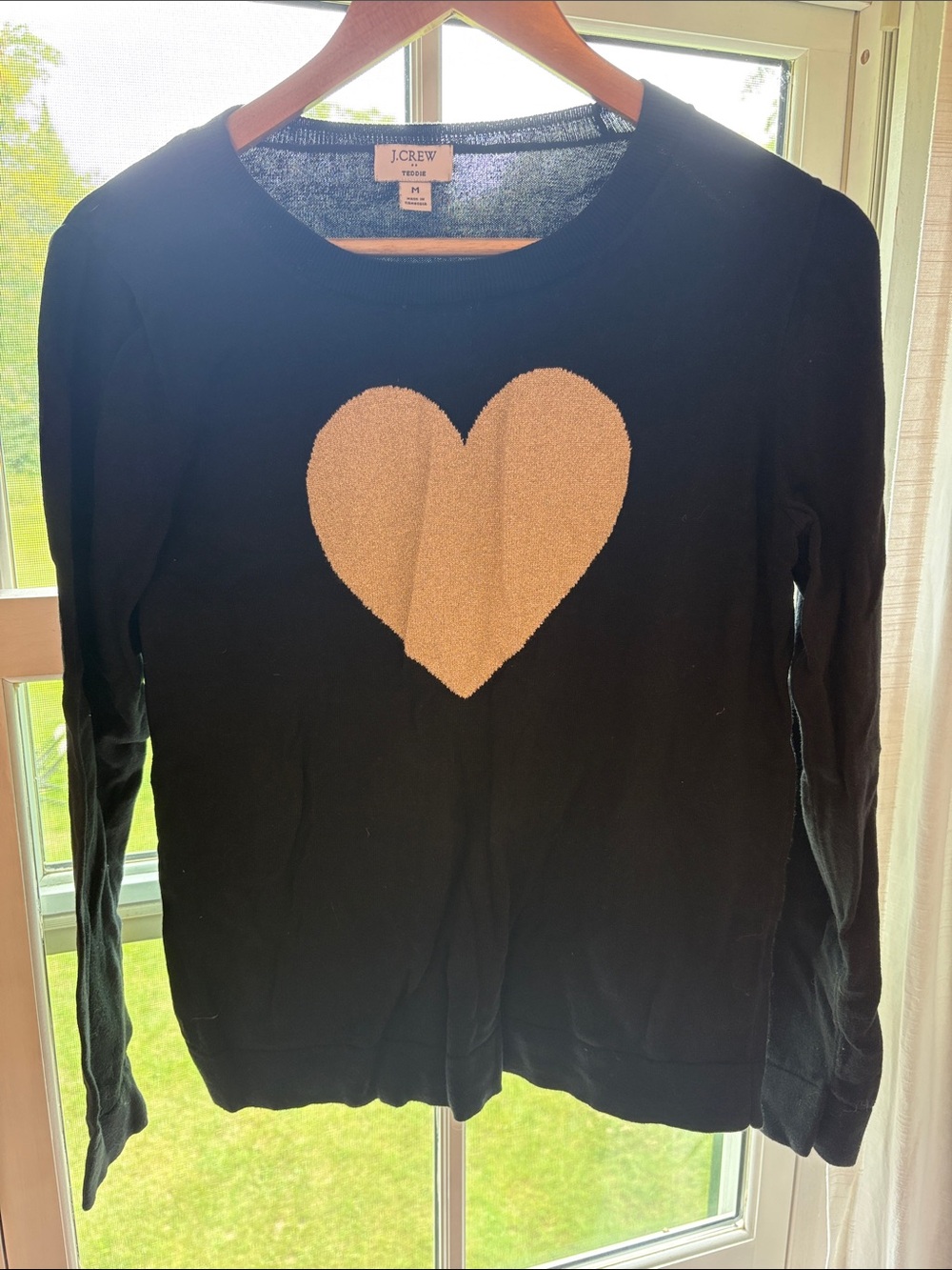 J. Crew Black Crewneck Sweater with Tan Heart